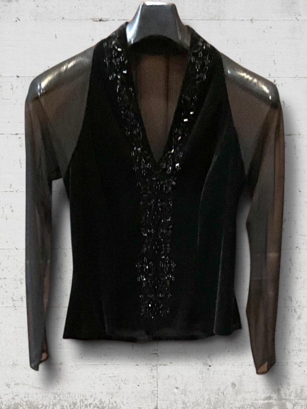 Dress Barn Black Embellished Velvet & Sheer Arms Top Sz 10 (check measurements)